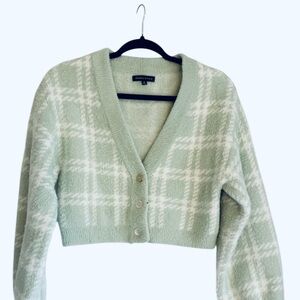 PacSun Green and White Plaid Cropped Cardigan